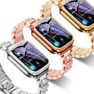 0792c2e1-bfc4-45d8-81b0-74596b76be5a.jpg Compatible with Apple, Three Bead Diamond Bracelet Metal Full Diamond IWatch Stainless Steel